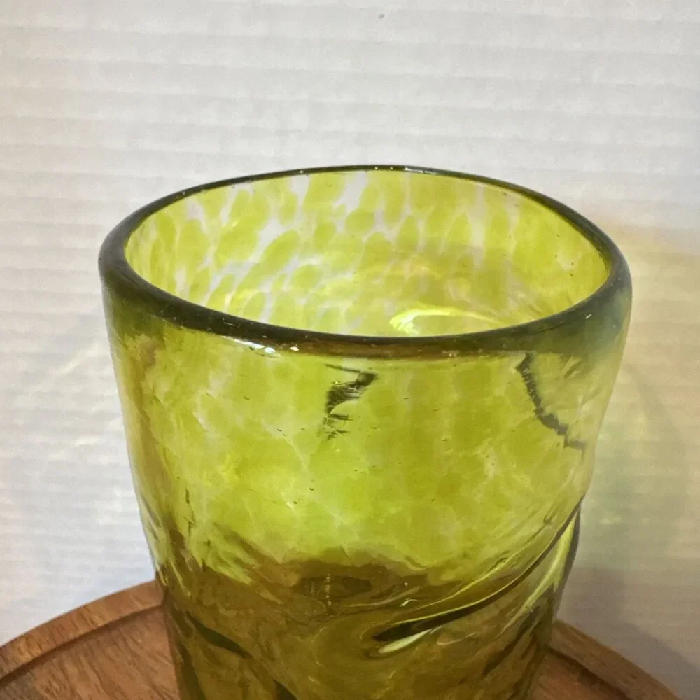 Hand Blown Art Glass Tumbler Yellow Spots Organic Pinched Shape 5” Tall Thick